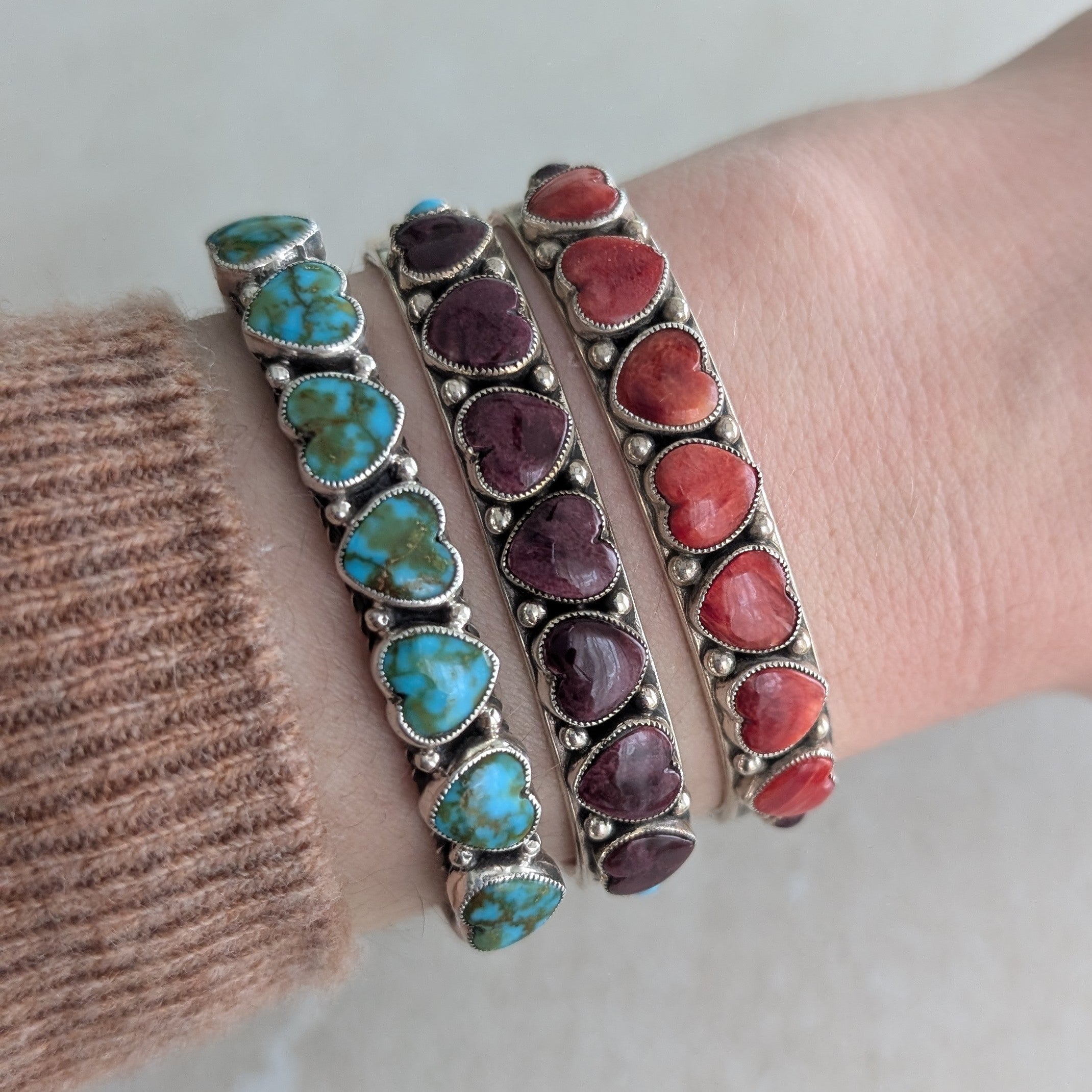 Sterling Silver Kingman Polychrome Turquoise Heart Row Bracelet